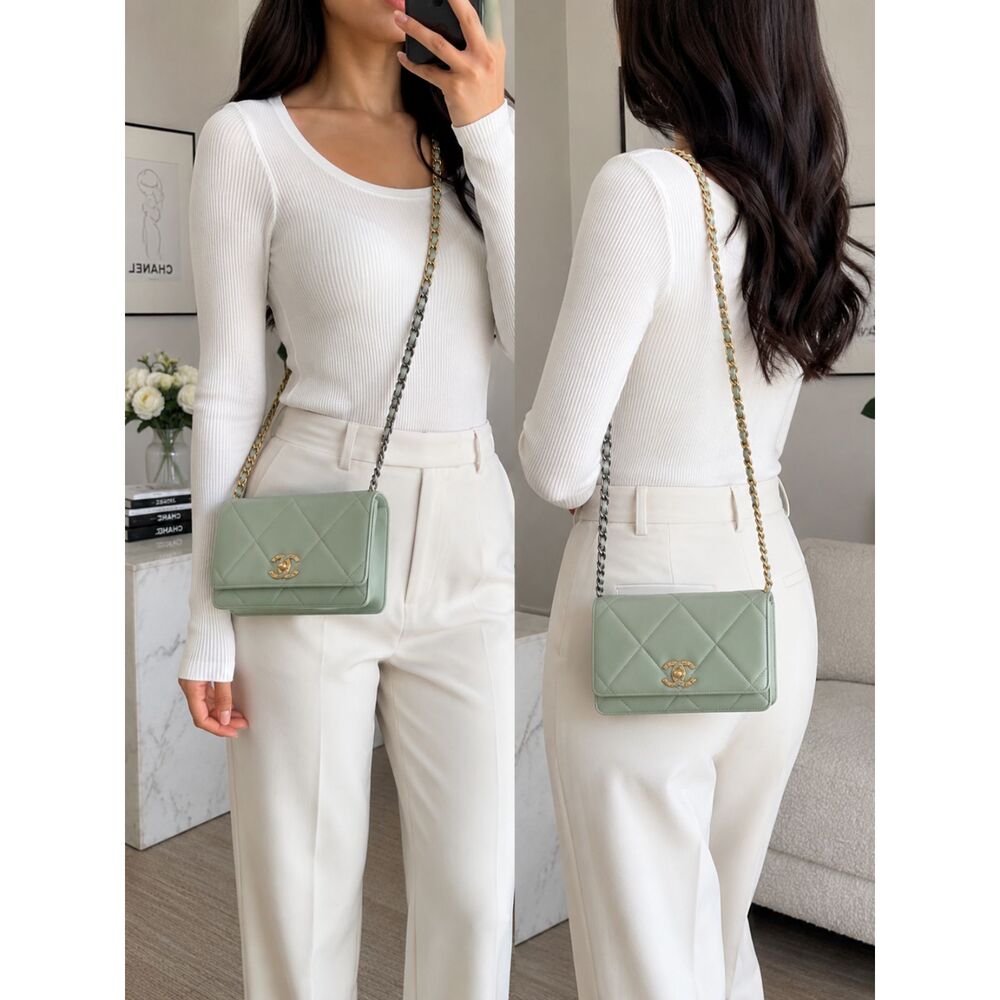 CHANEL 19 WOC Pearlescent Green Lambskin Mixed Metal Chain Crossbody Microchip
